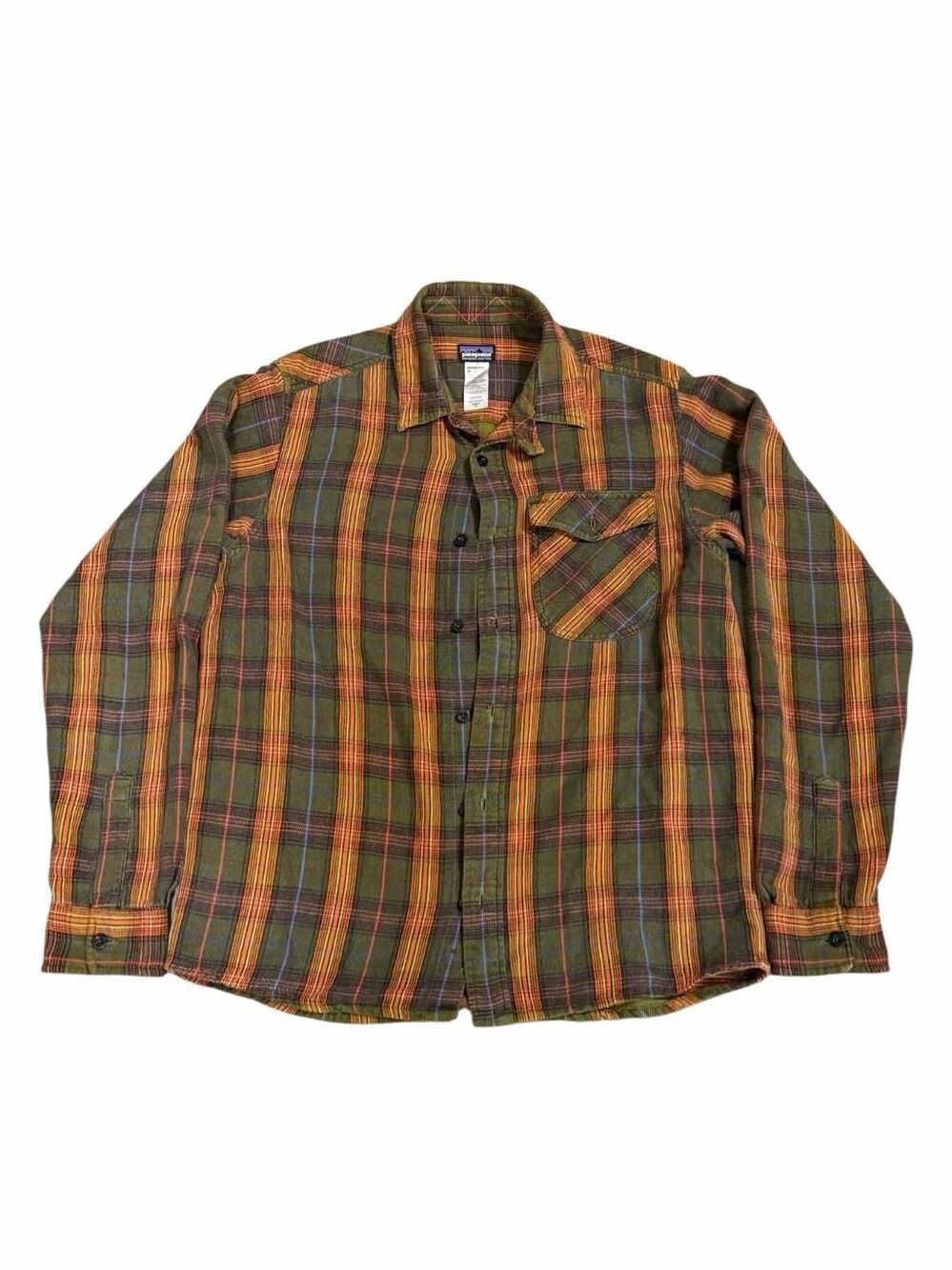 Patagonia 100% Organic Cotton Orange/Blue Plaid Flannel MENS MEDIUM